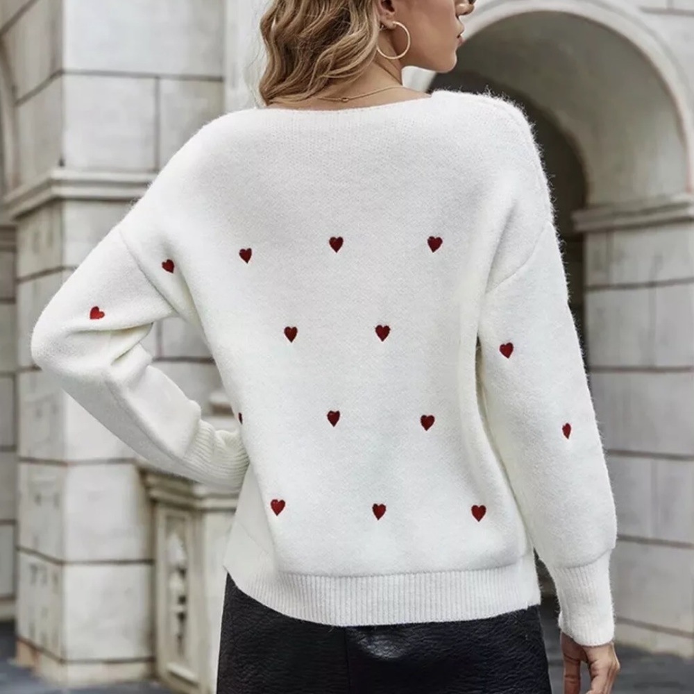 Heart sweater embroidery top womens white long sleeve vneck winter - Picture 5 of 6